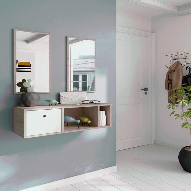 Mueble recibidor Nanda con espejo blanco y roble 70X28X28 CM  (anchoxfondoxalto)