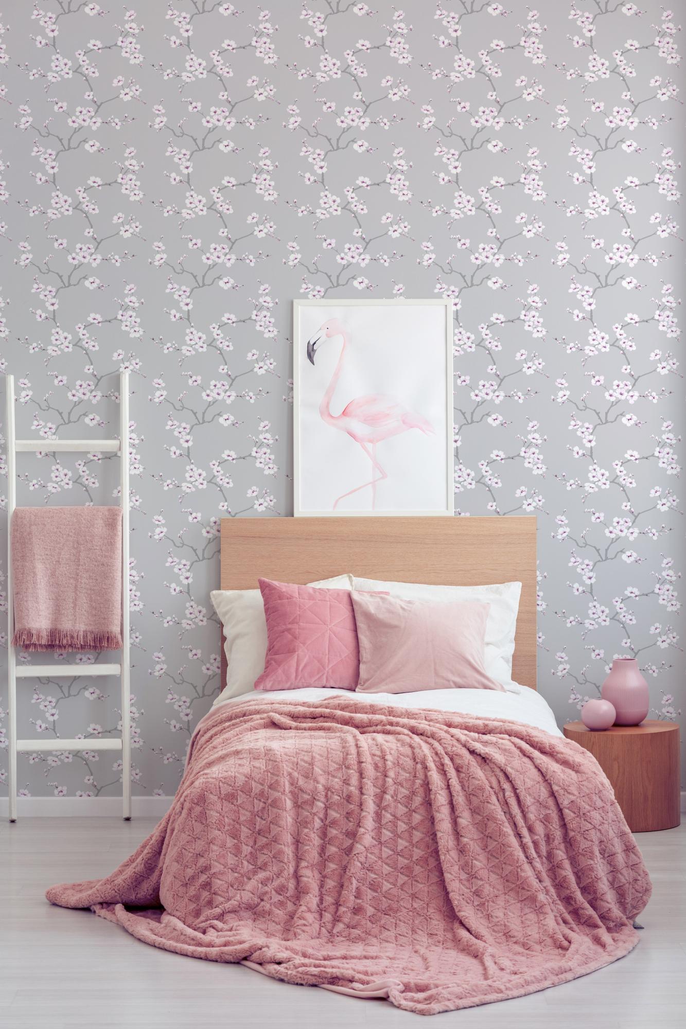 Papel pintado naturaleza árbol de flores gris