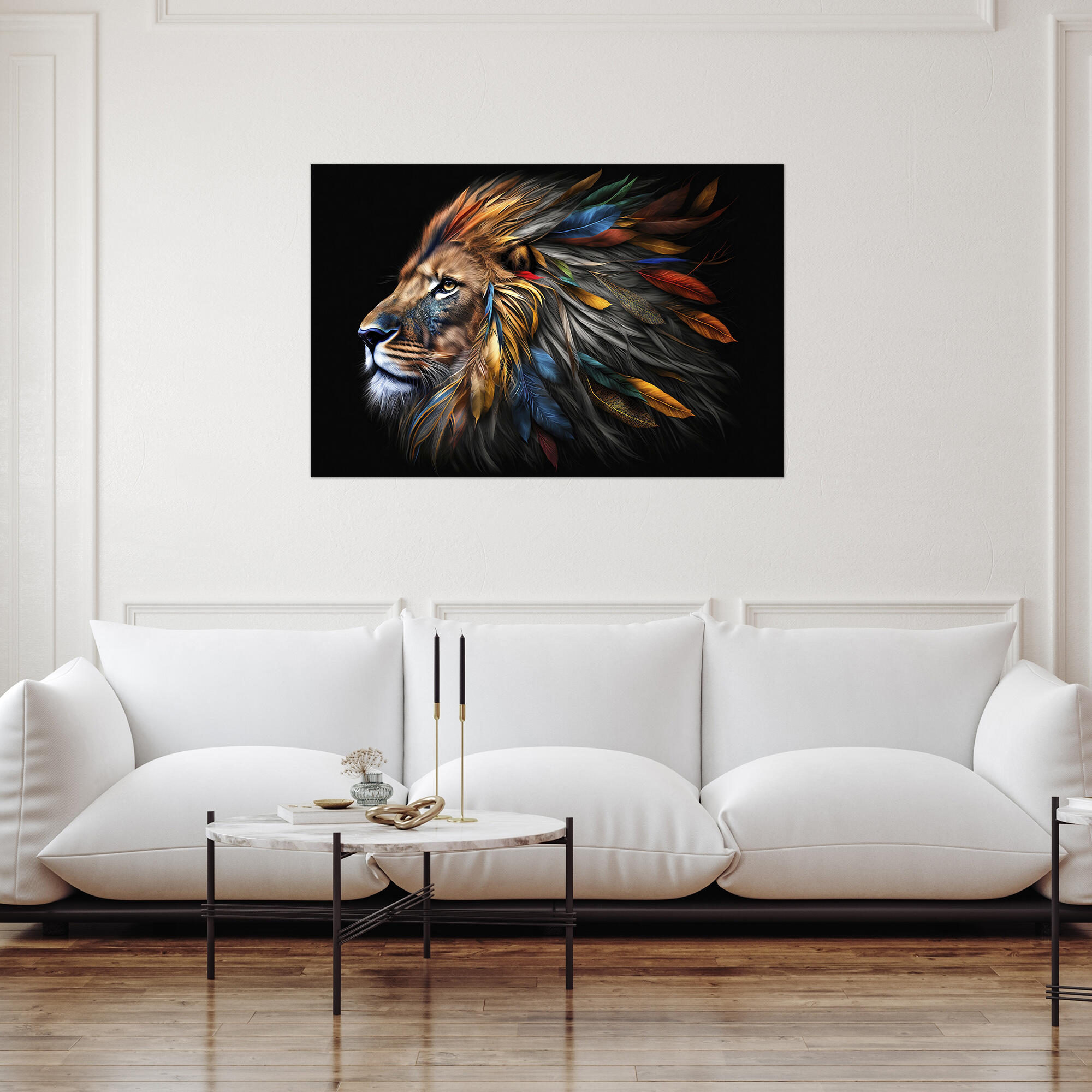 Canva león plumas 80x120 cm