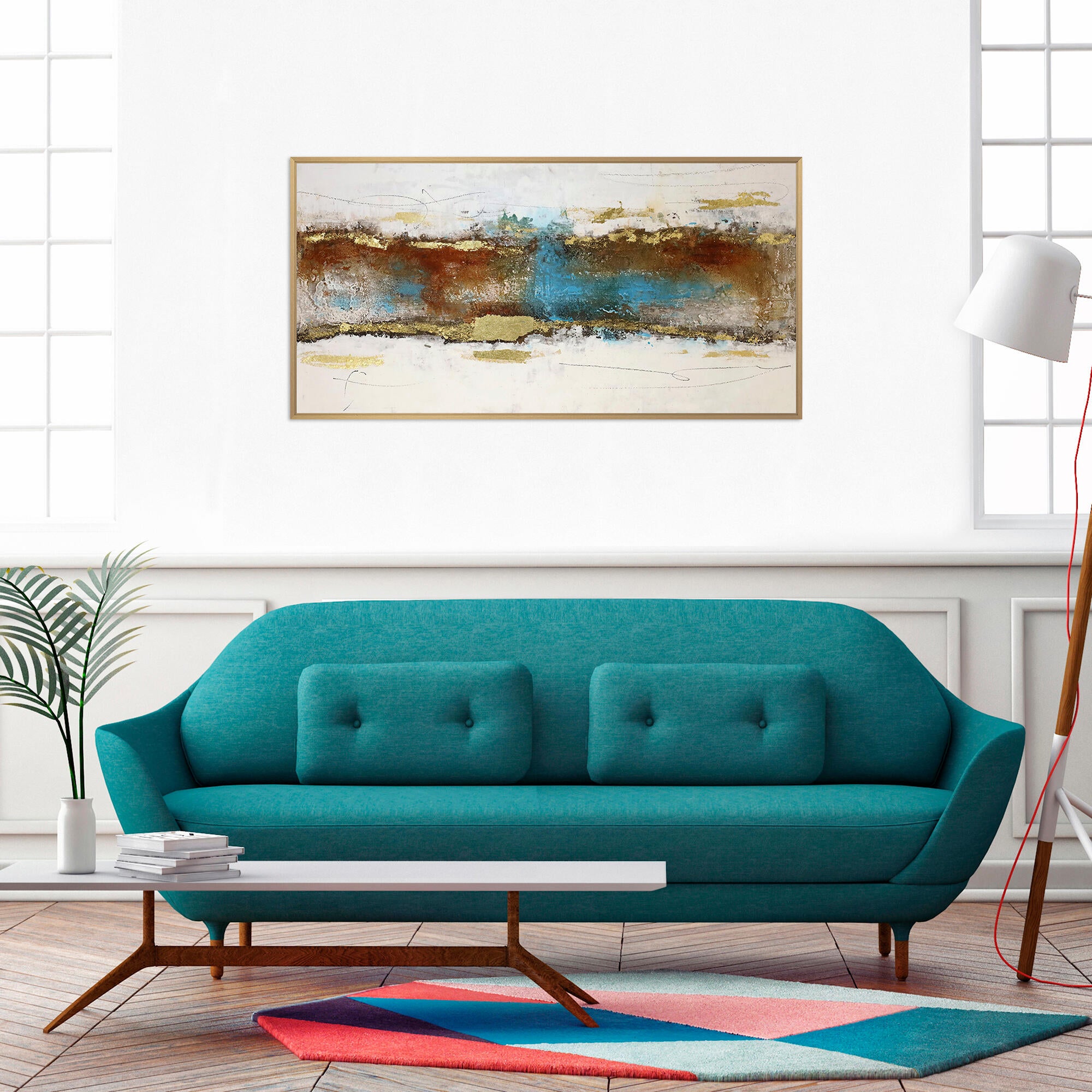 Cuadro pintado con marco abstracto turquesa 123 cm x 63 cm