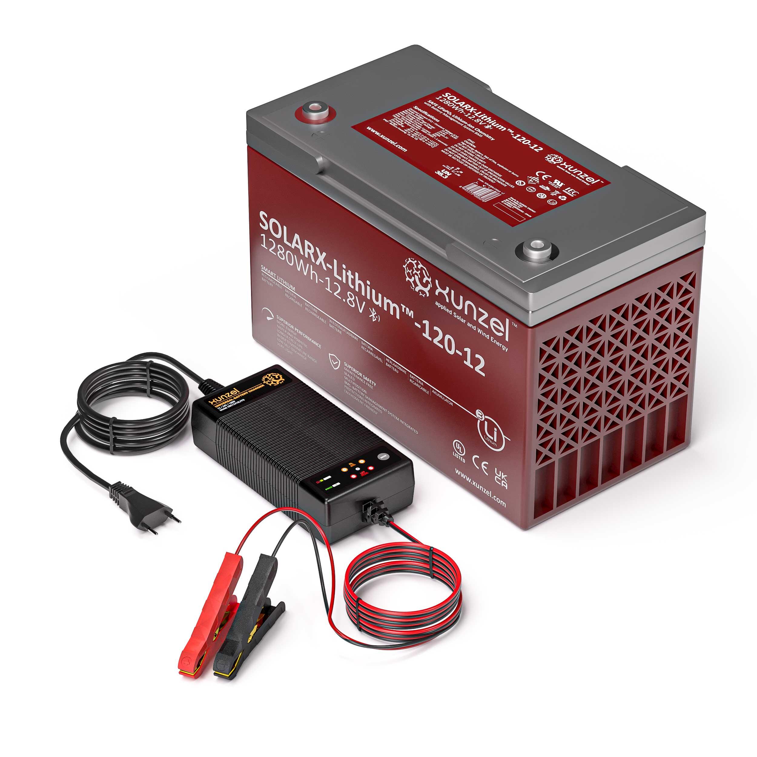Batería solarx-lithium-120-1280wh xunzel 12v + cargador dbc-12410-lfpb 10a