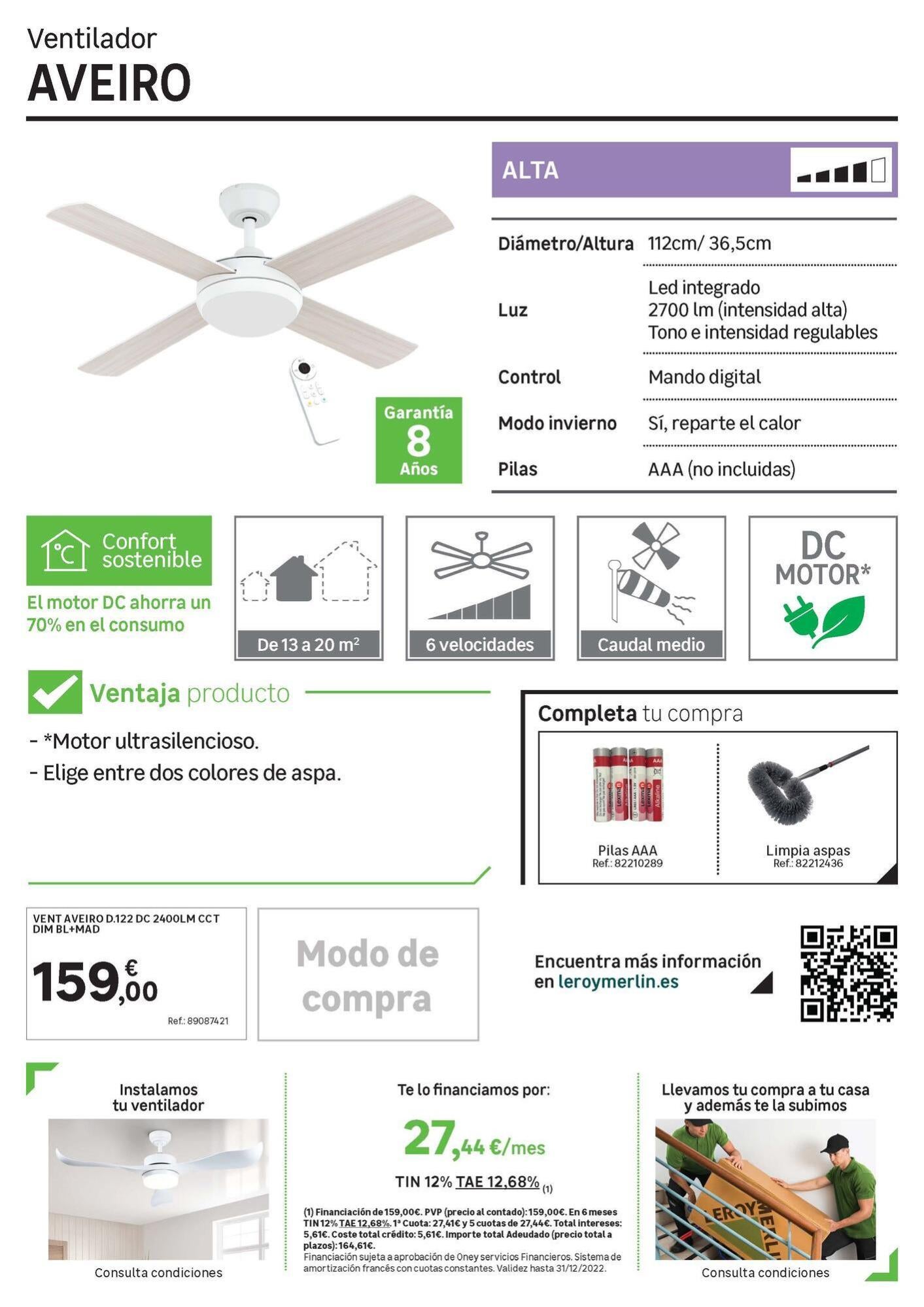 Ventilador de techo con luz INSPIRE AVEIRO 112cm,eficiente,silencioso | Leroy