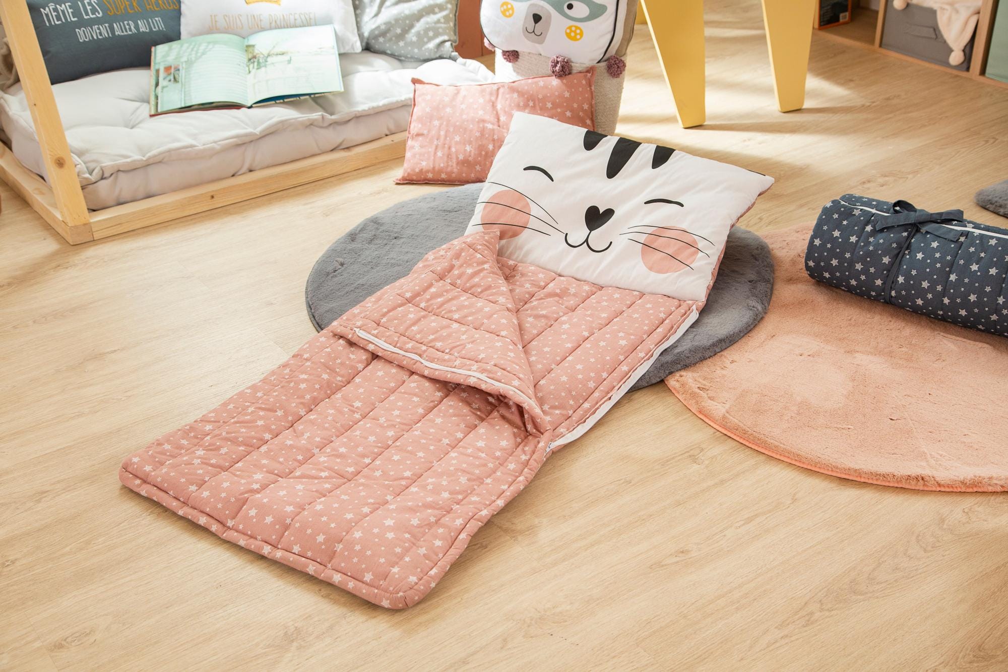 Saco de dormir infantil Gato rosa 100 % algodón de 142x62 cm