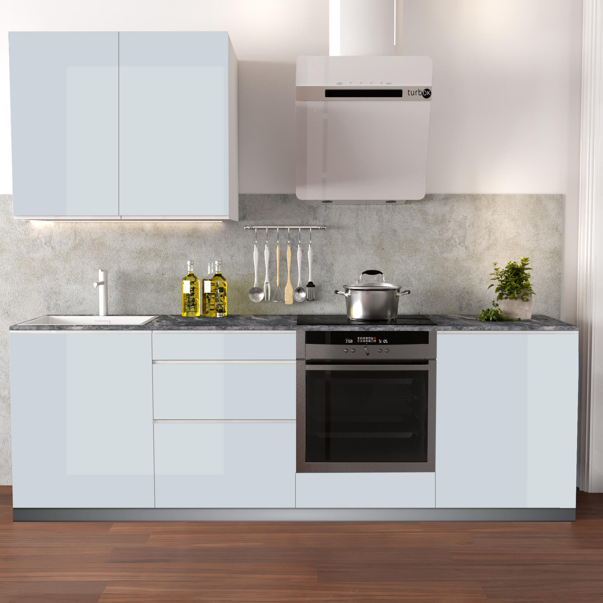 Cocina en kit mikonos azul aguamarina 240 cm con 1 módulo alto + 4 módulos bajos