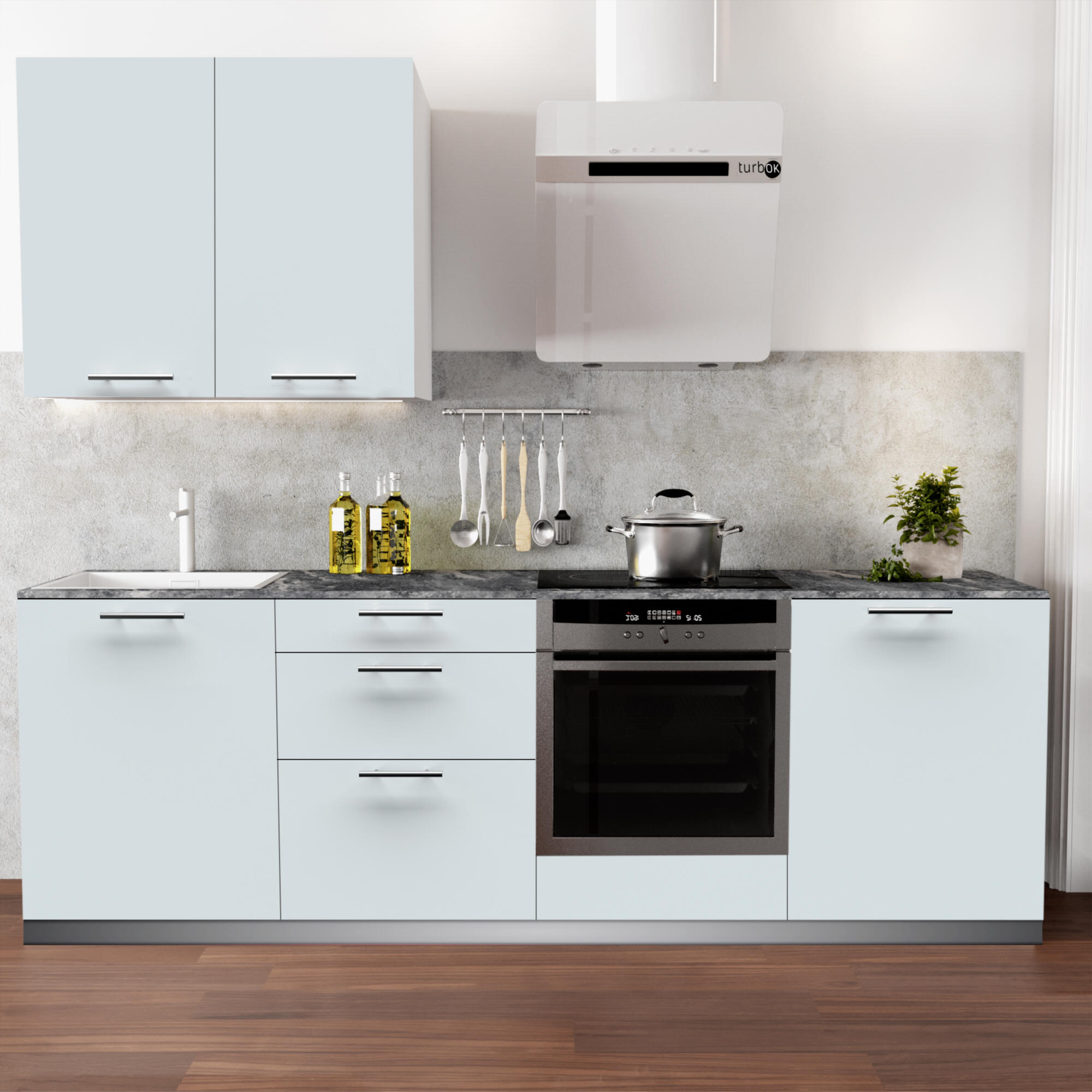 Cocina en kit Vienne verde 240 cm con 2 módulos altos + 4 módulos