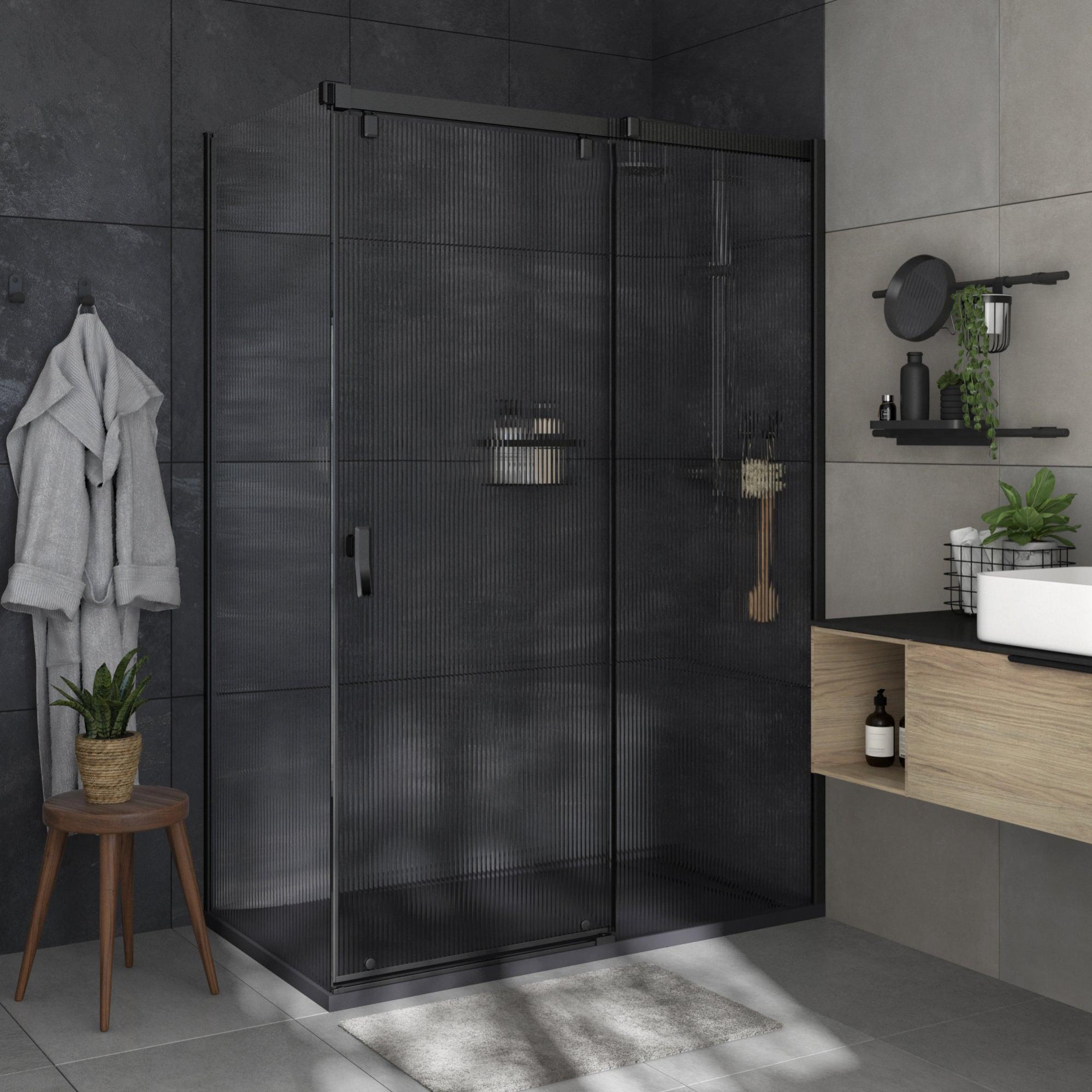 Mampara frontal corredera neo ranurado perfil negro 130x200 cm de la marca SENSEA Mampara frontal corredera neo ranurado perfil negro 130x200 cm de la marca SENSEA