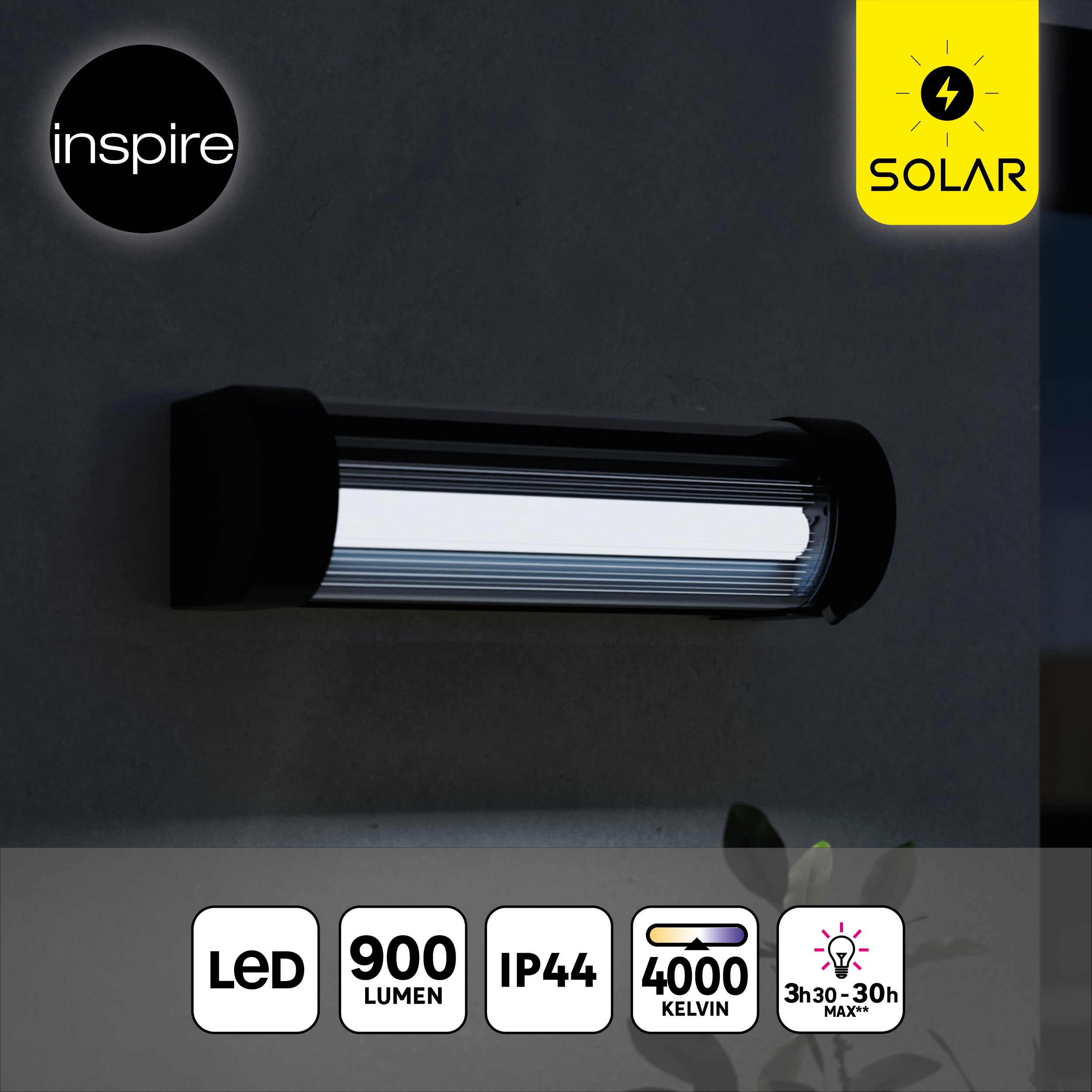 INSPIRE - Aplique de exterior LED solar regulable - TELIN - 100/900 LM -  4000K - con batería BOOSTER - mando a distancia por infrarrojos - L.230 mm  
