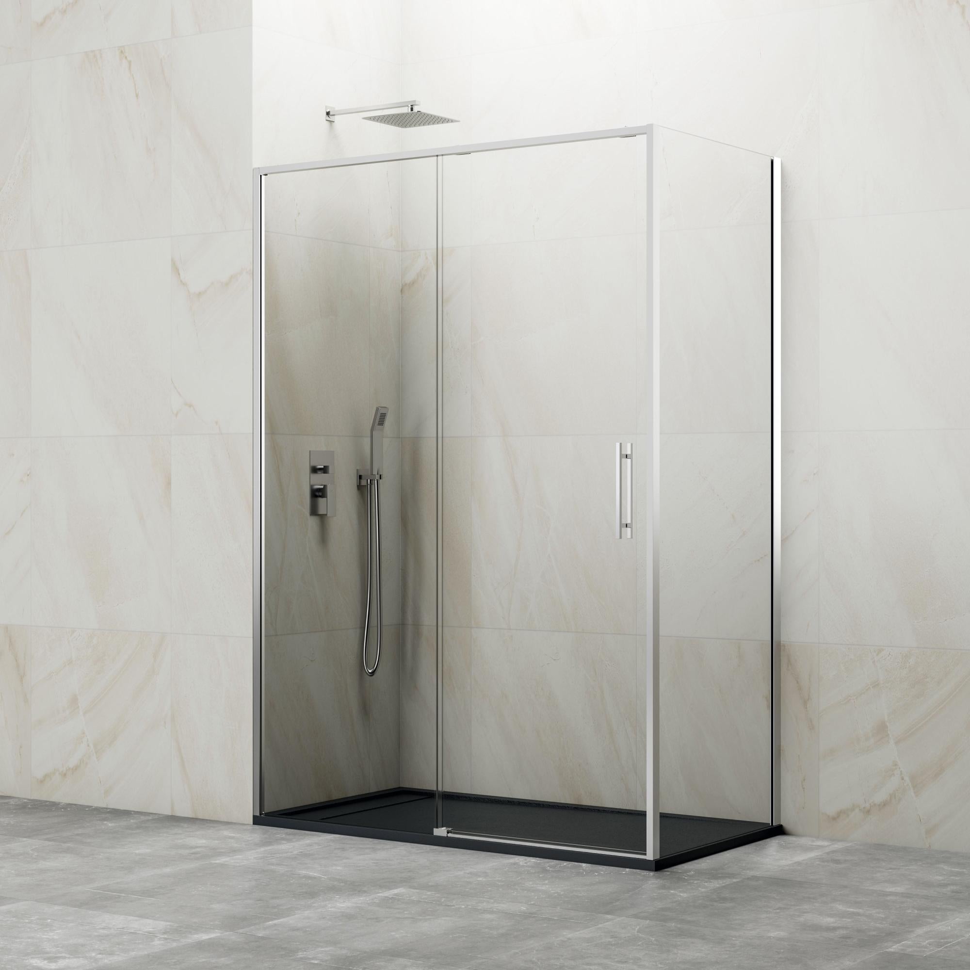 Mampara frontal y fijo lateral slim transparente perfil cromado 175x195 cm de la marca GME Mampara frontal y fijo lateral slim transparente perfil cromado 175x195 cm de la marca GME