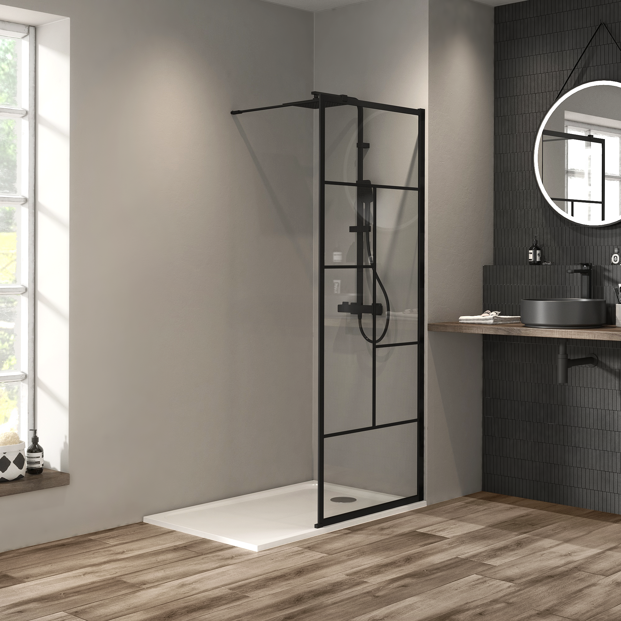 Panel de ducha studio transparente perfil negro 90x200cm