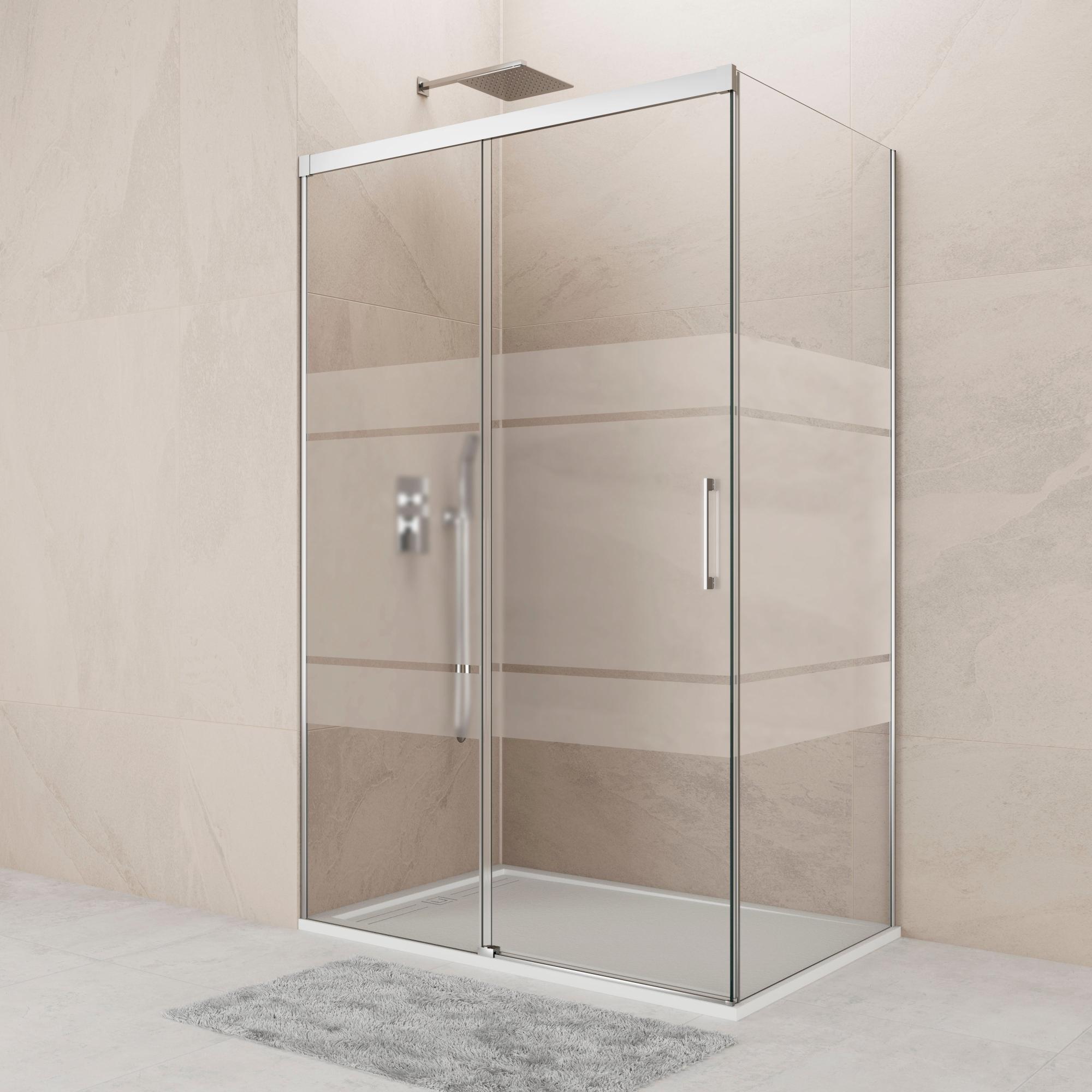 Mampara frontal y fijo lateral noa serigrafiado perfil cromado 130x195 cm de la marca GME Mampara frontal y fijo lateral noa serigrafiado perfil cromado 130x195 cm de la marca GME