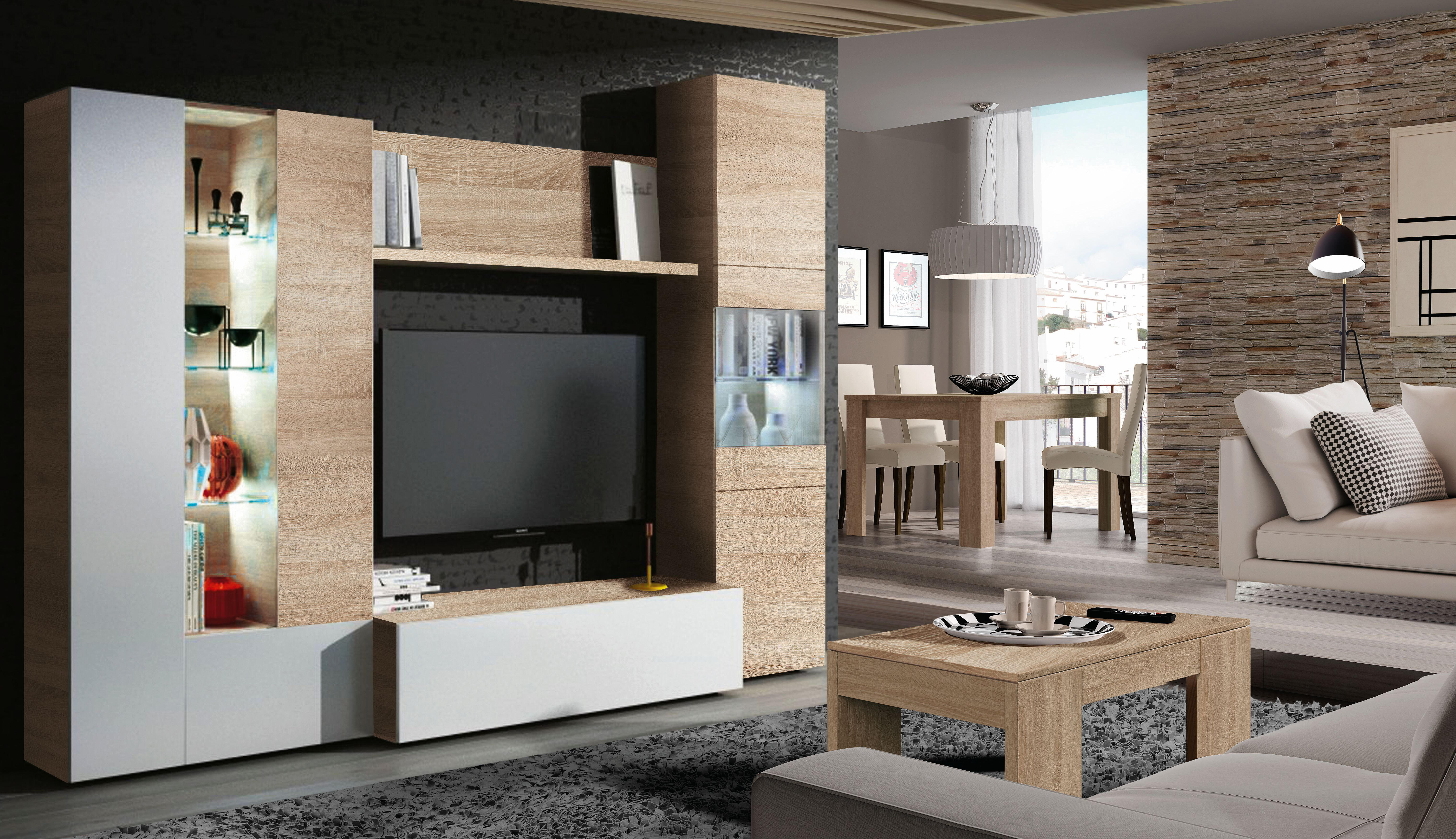 Mueble de salón y tv essential blanco y roble 260x185x42 cm (anchoxaltoxfondo)