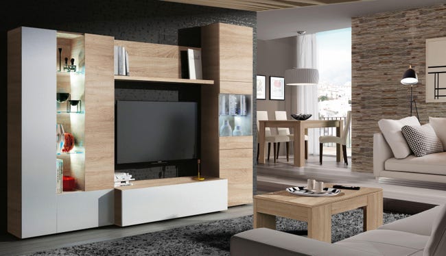 Perspicaz Empleador Admitir Mueble de salón y TV Essential blanco y roble 260x185x42 cm  (anchoxaltoxfondo) | Leroy Merlin