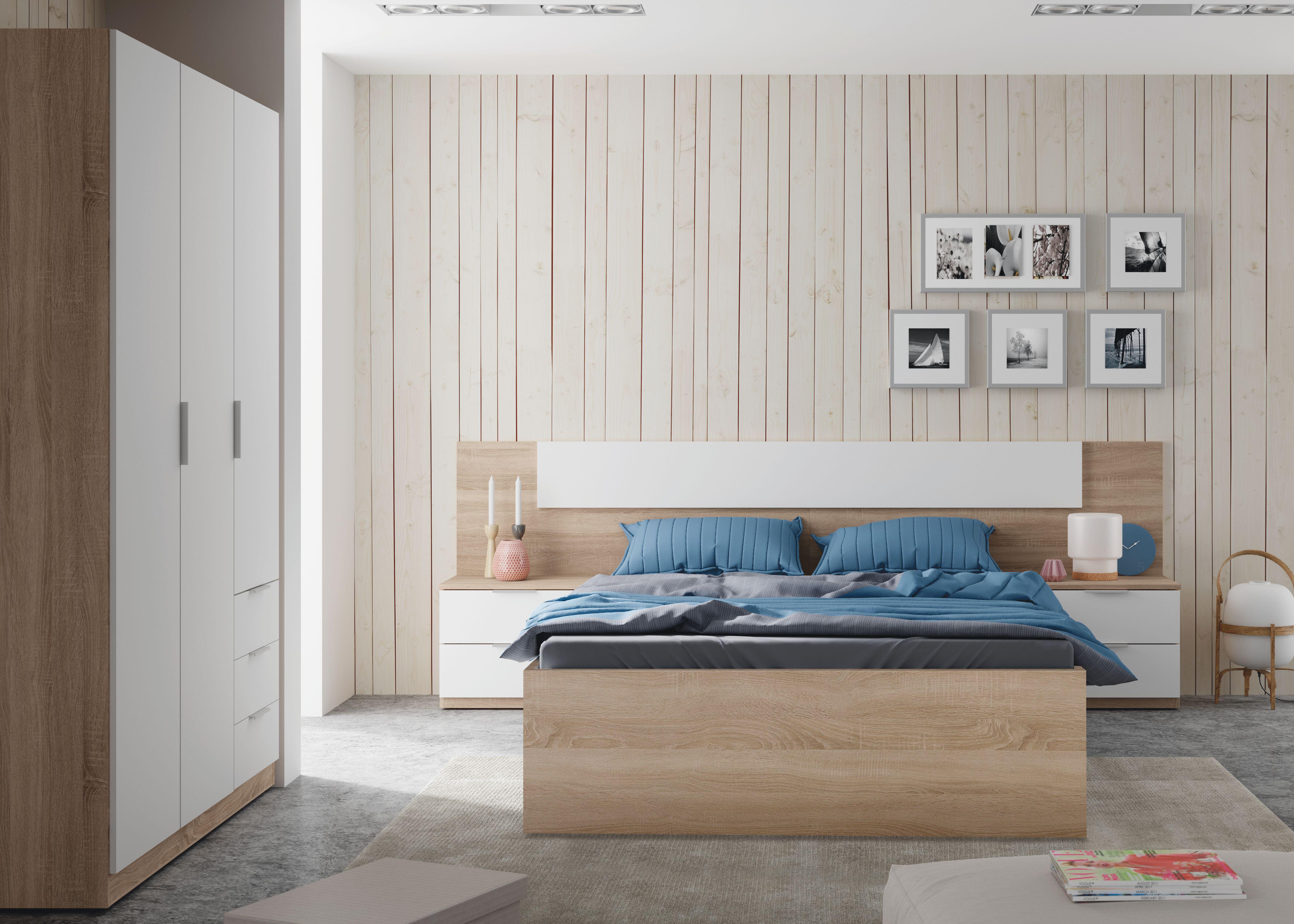 Cabecero de cama + mesillas alaya blanco y roble 247x50 5x3 cm(anchoxaltoxfondo) de la marca Sin marca