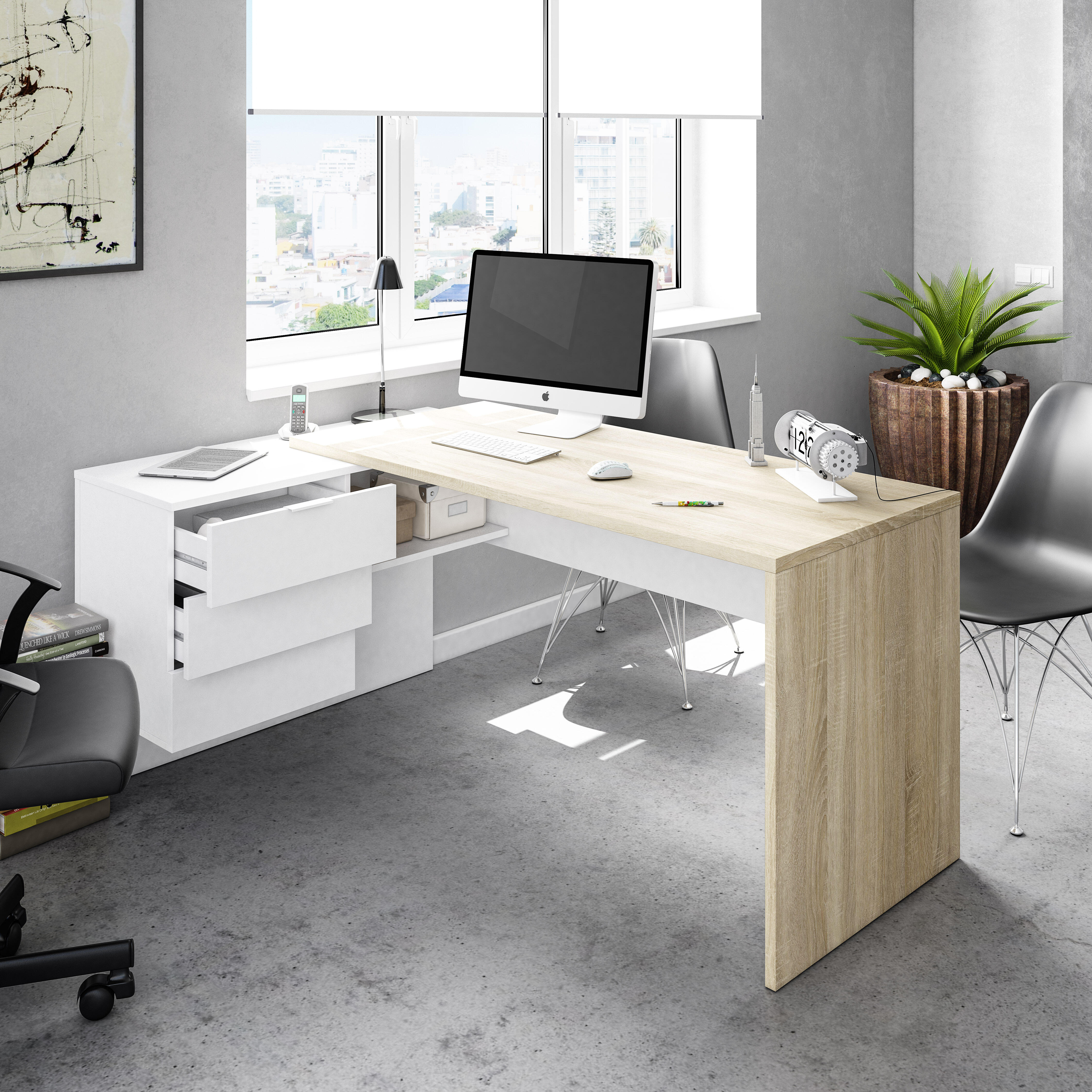 Mesa escritorio office roble canadian y blanco artik 145x61,5x73 cm