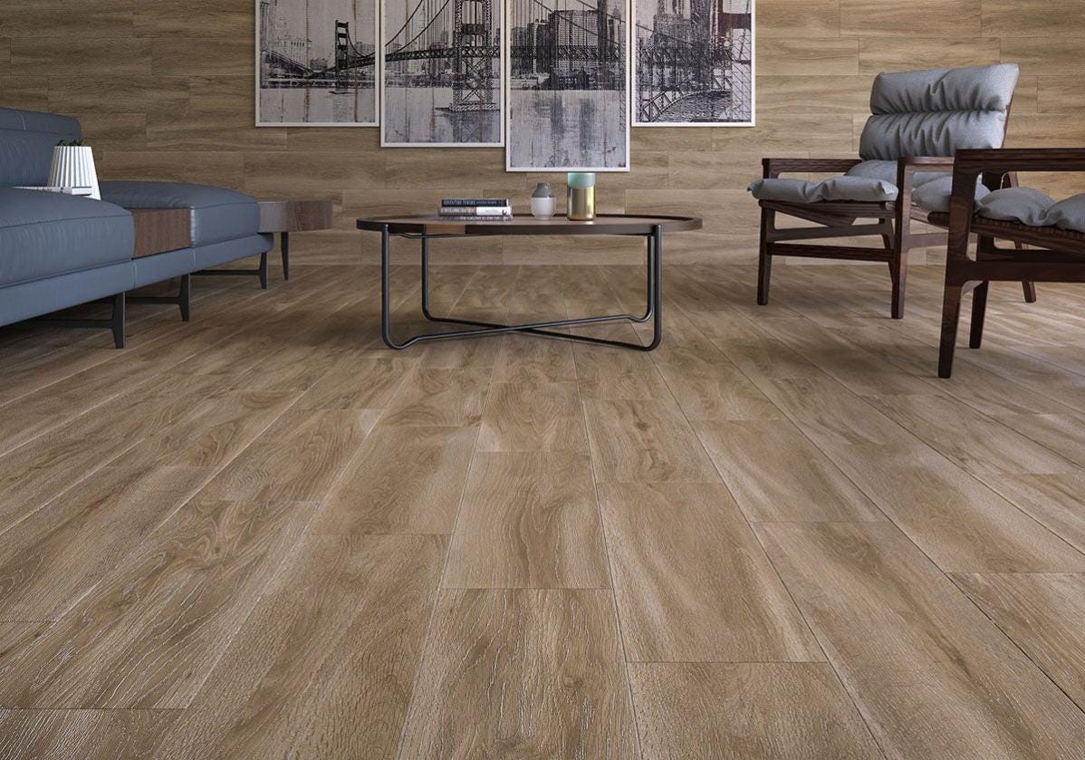 Suelo porcelánico efecto madera taupe Tokyo 20x75 cm | Leroy Merlin