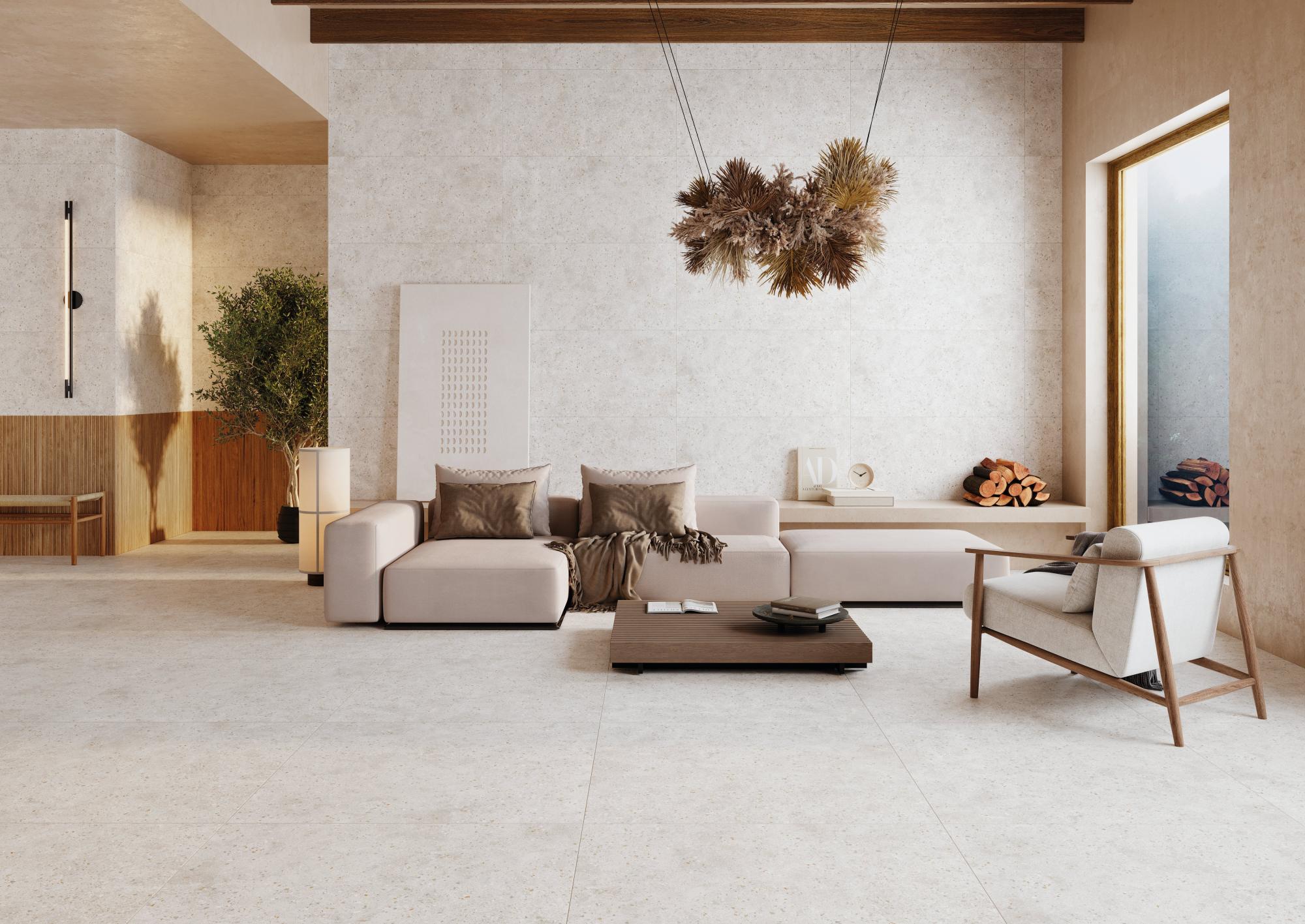 Suelo porcelánico efecto piedra blanco Cala 100x100 cm | Leroy Merlin