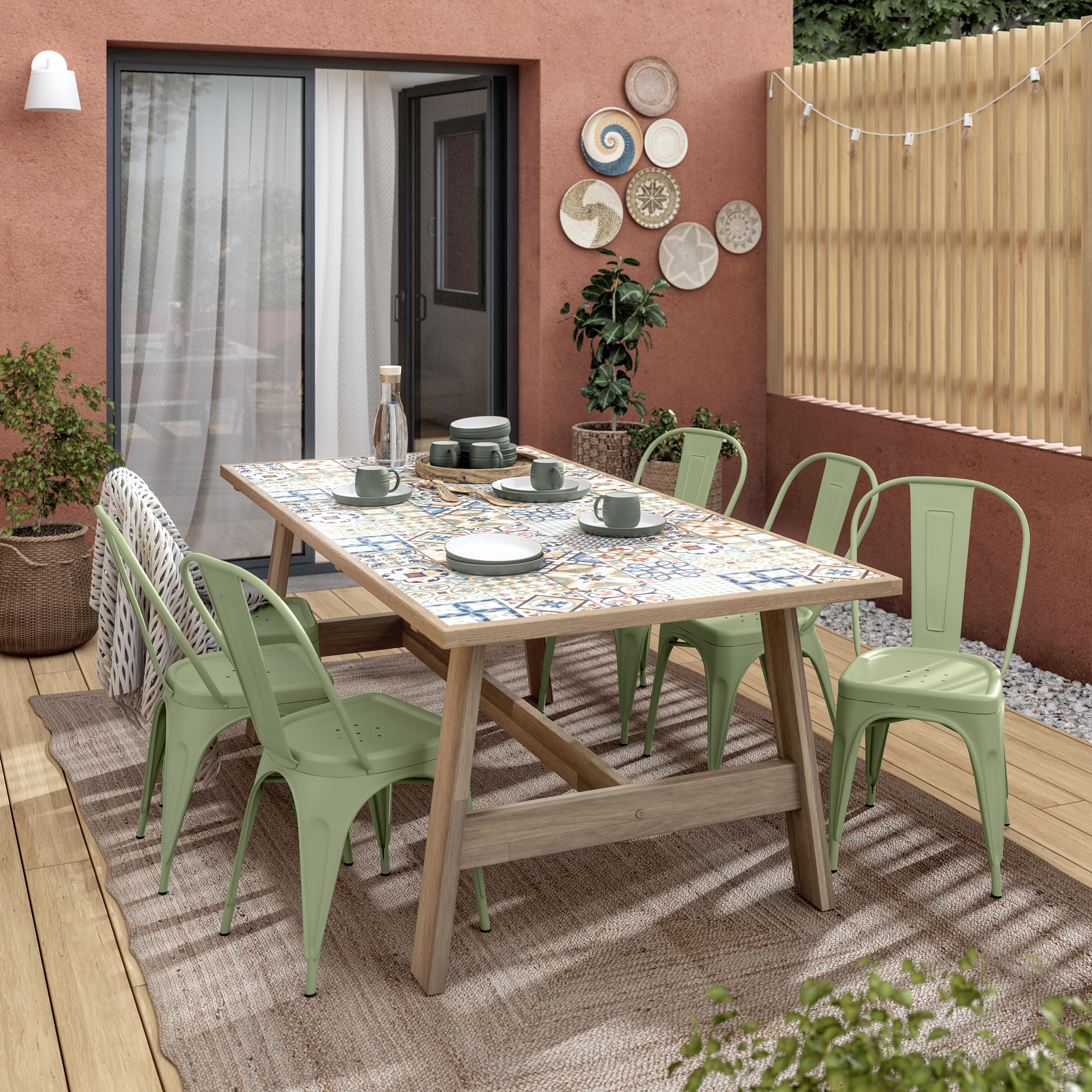 Conjunto de jardín soho de acacia y acero para 6 comensales