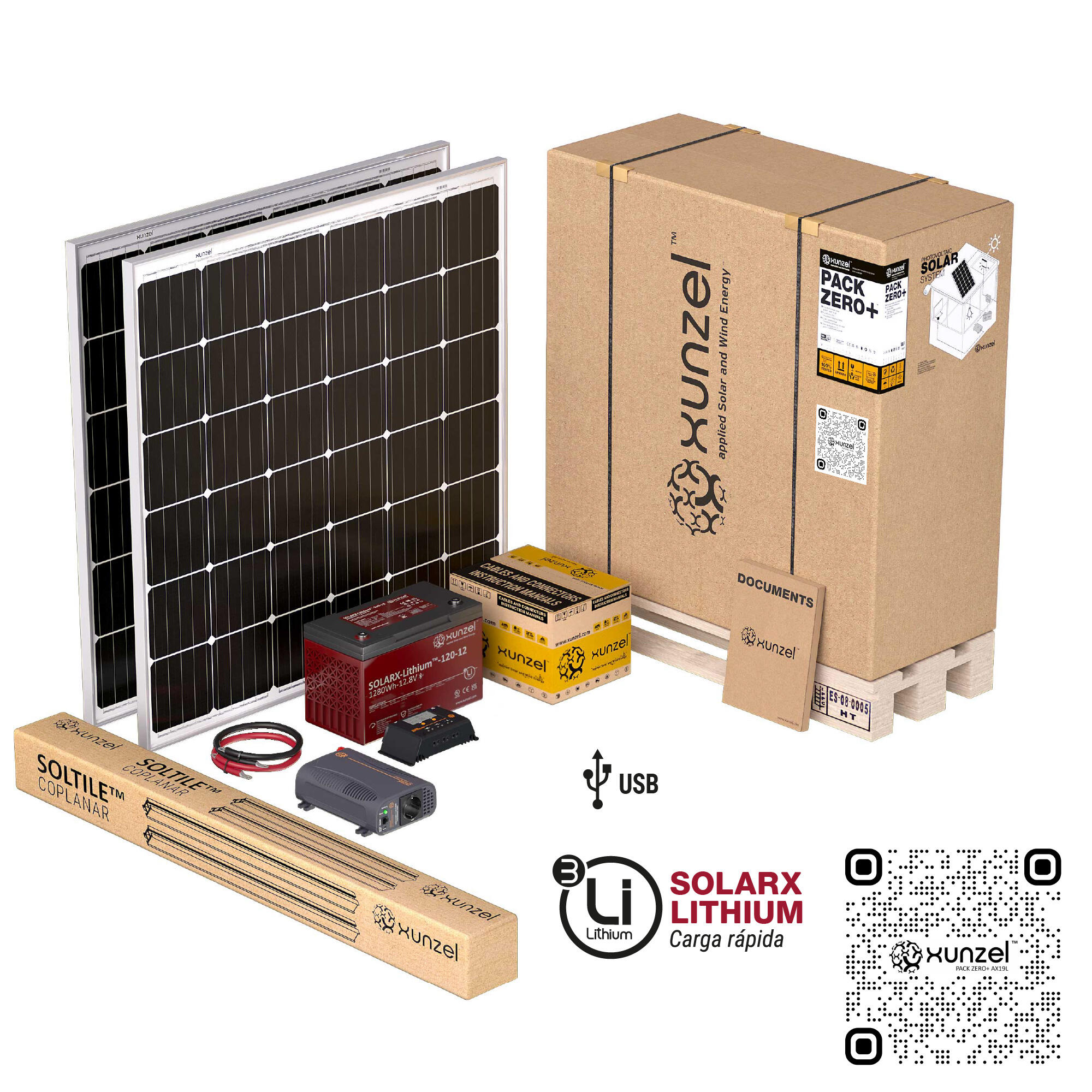 Kit solar litio pack zero+ax19l xunzel 2100whd,bat 1280wh,inversor 400w,soportes