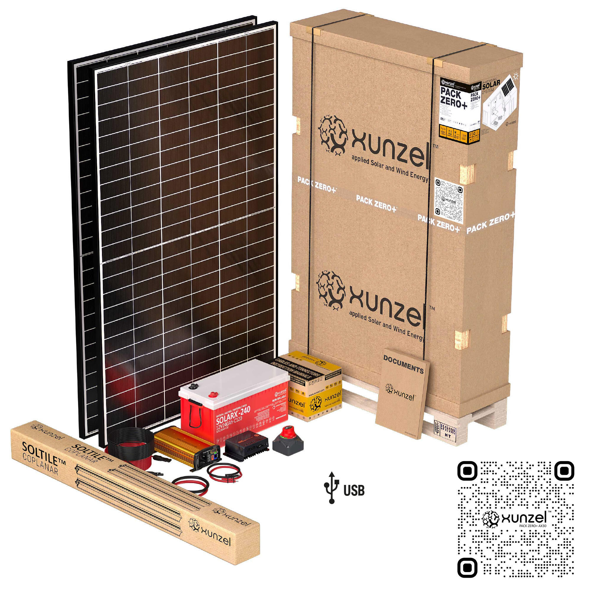 Kit solar pack zero+ ax30 xunzel 5000wh/d,batería 2800wh,inversor 1000w,soportes