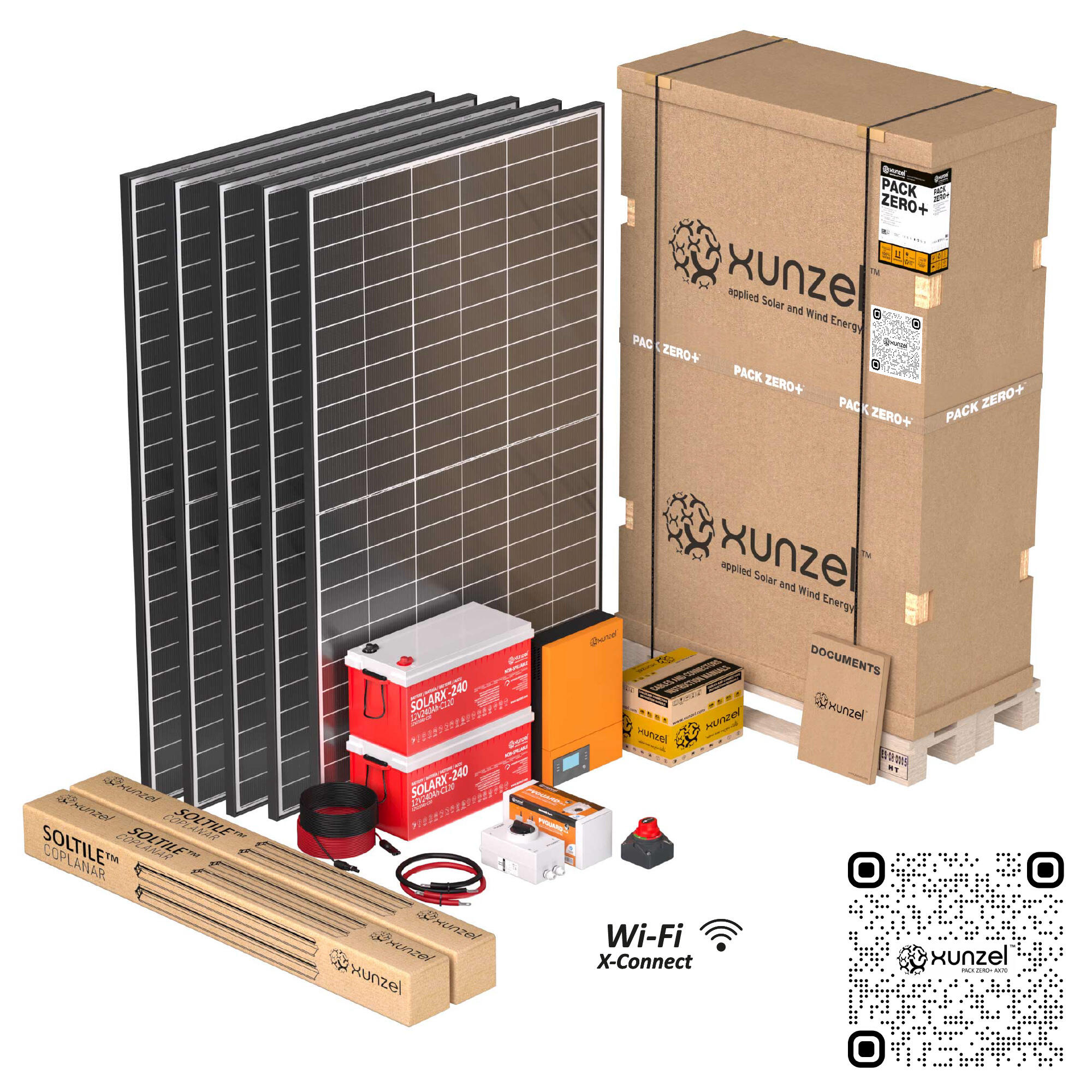 Kit solar pack zero+ax70 xunzel 12kwhd,batería 5600wh,inversor 3kw wifi,soportes