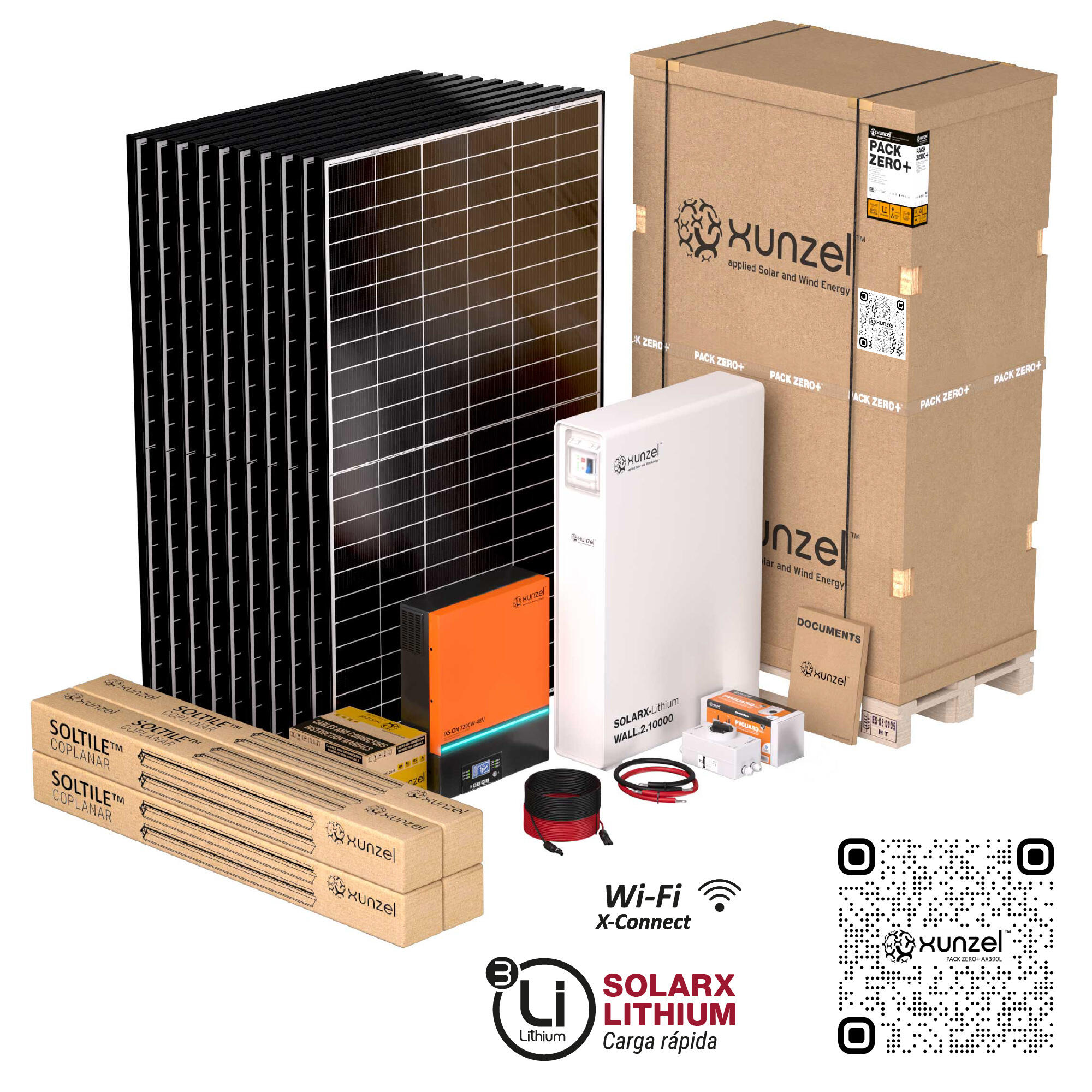 Kit solar litio pack zero+ax390l xunzel 25kwhd,bat 10kwh,inv 7,2kw wifi,soportes