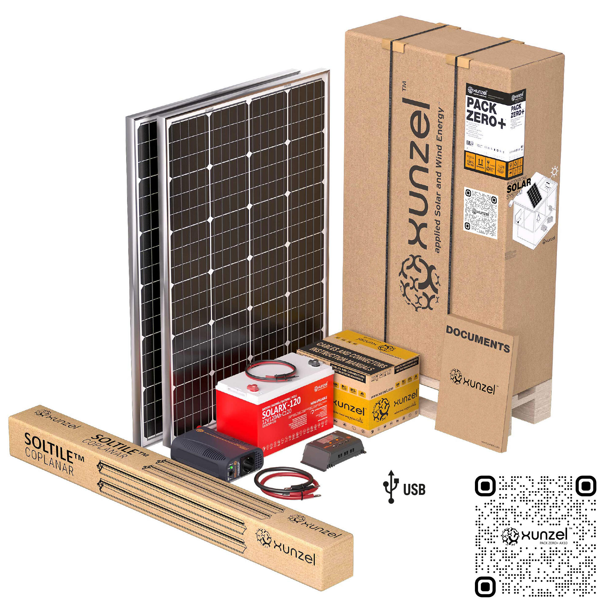 Kit solar pack zero+ax10 xunzel 1400whd, batería 1400wh, inversor 400w, soportes