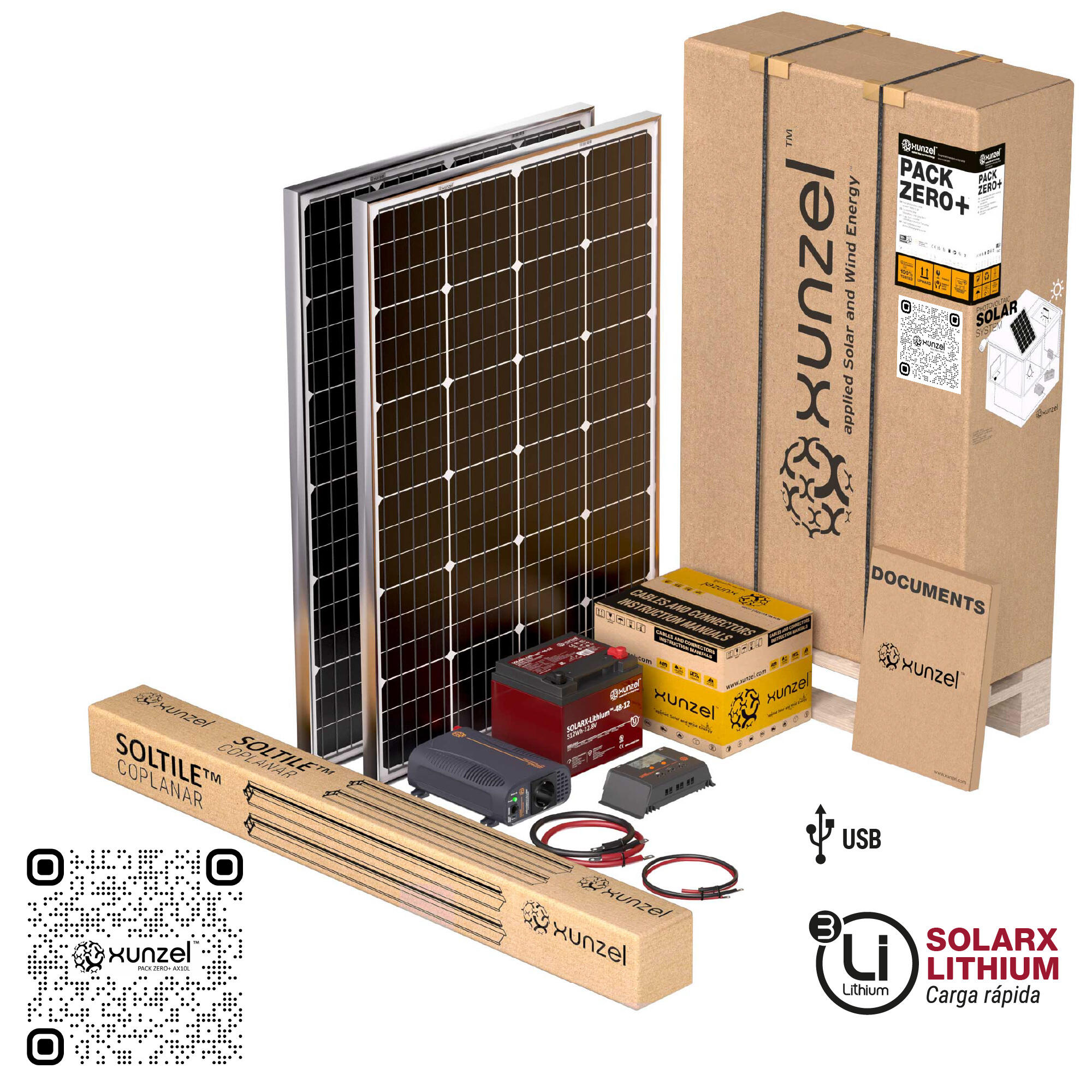 Kit solar litio pack zero+ax10l xunzel 1400wh/d,bat 512wh,inversor 400w,soportes