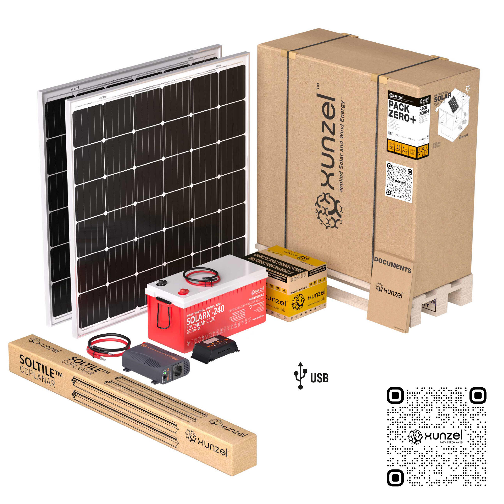 Kit solar pack zero+ ax19 xunzel 2100wh/d, batería 2800wh,inversor 400w,soportes