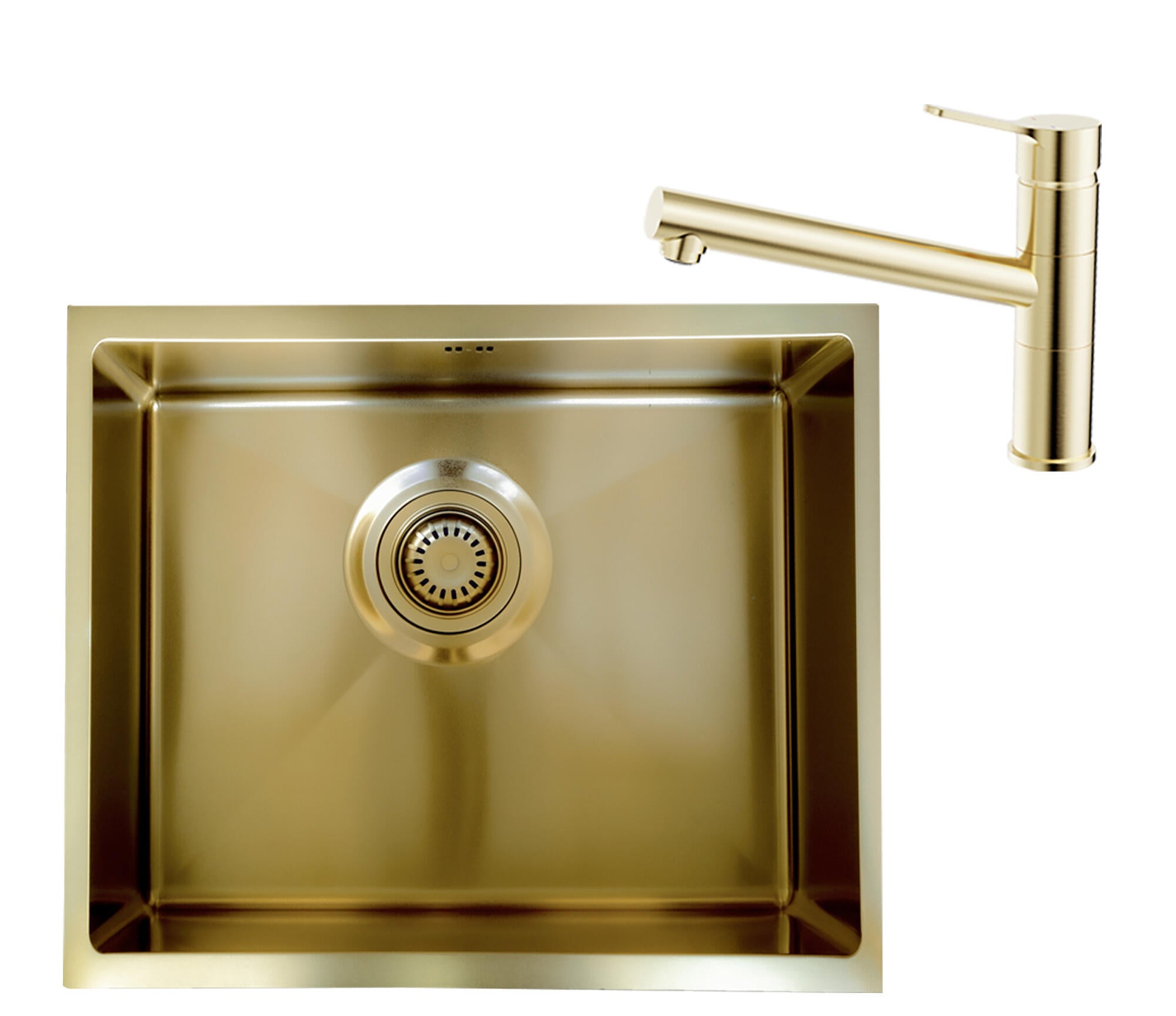 Conjunto fregadero luisa 55 oro cepillado 55 x 45 y grifo caño bajo silo oro