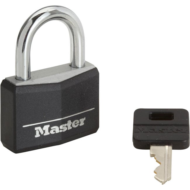 Cadenas MasterLock en acier laminé noir, à clés identiques.