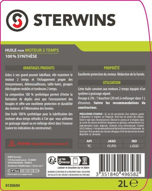Huile 2 Temps Sterwins Synth, 2 L