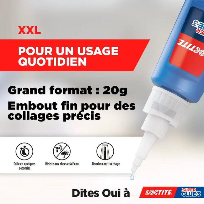 Loctite Super Glue-3 - XXL (flacon de 20 g) – Colle forte grand format pour  usages fréquents – Colle liquide à séchage immédiat – Colle transparente  multi-matériaux : : Bricolage