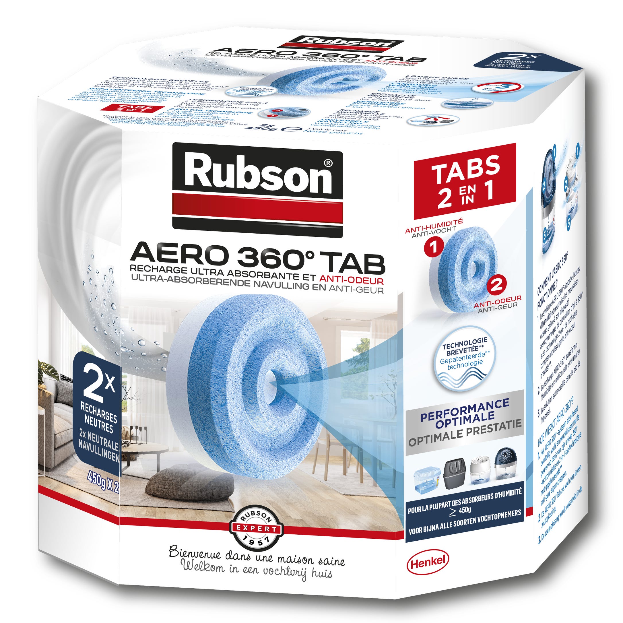 Lot de 2 recharges tablette pour absorbeur d'humidité RUBSON Aéro 360° 20  m²