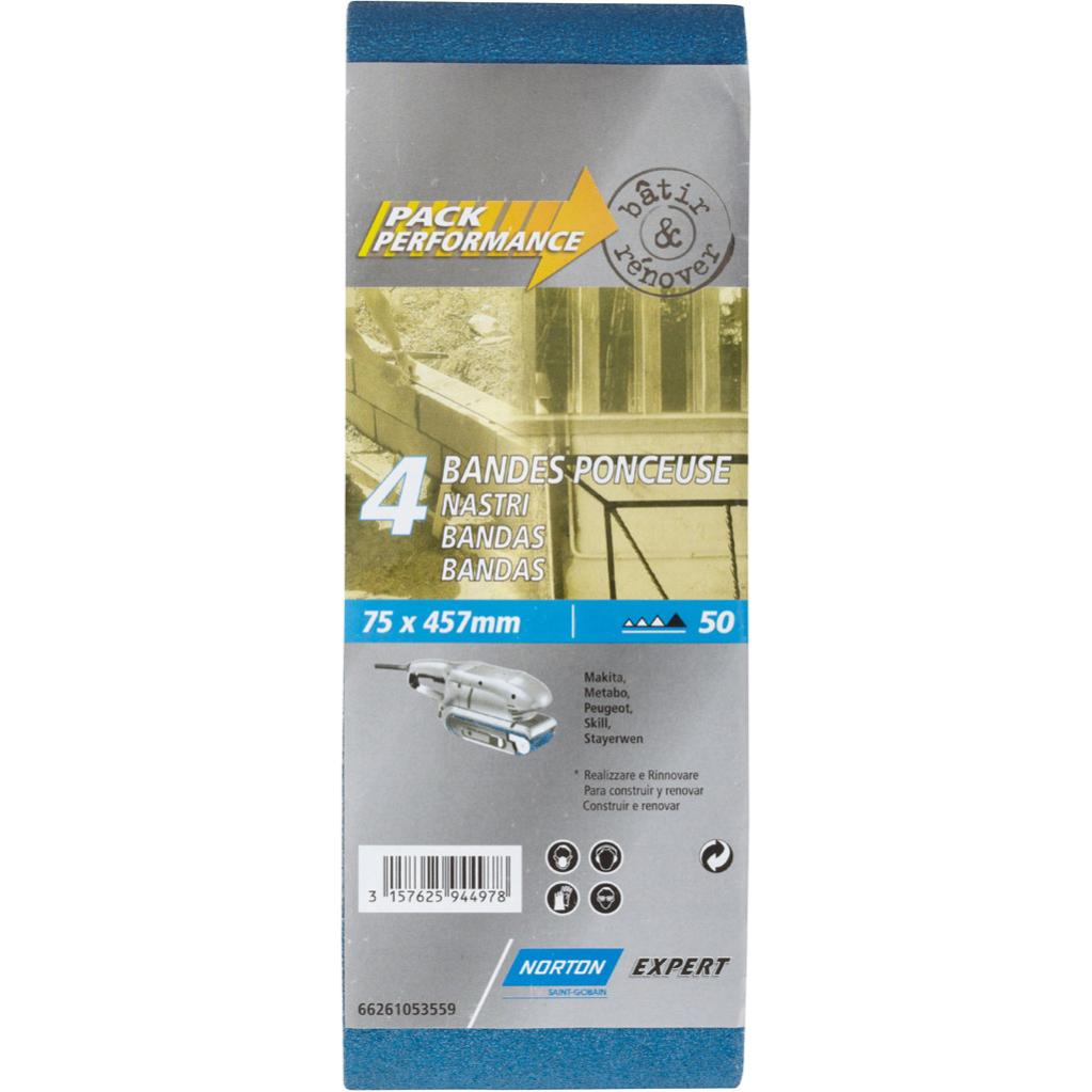 Lot de 4 bandes abrasives NORTON, 75 x 457 mm, grains 50 Leroy Merlin