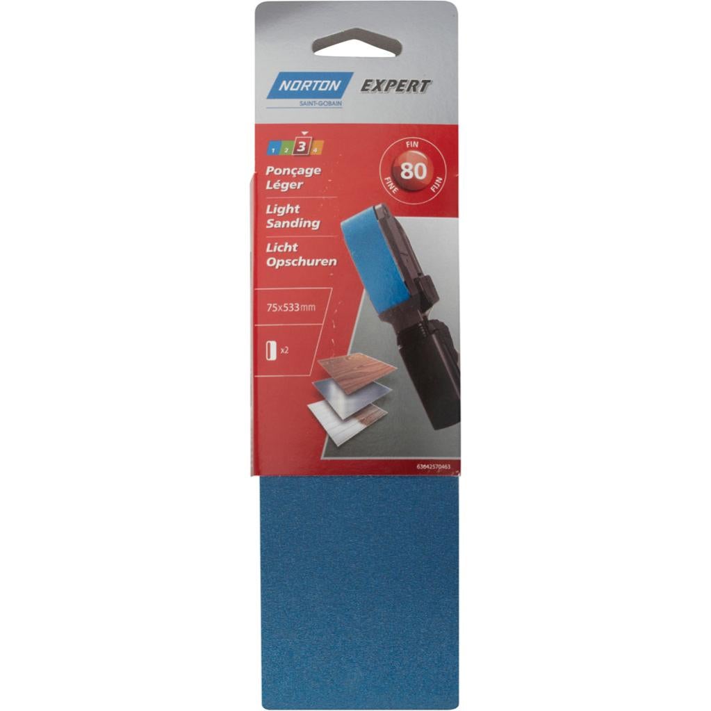 Lot de 2 bandes abrasives NORTON, 75 x 533 mm, grains 80 Leroy Merlin