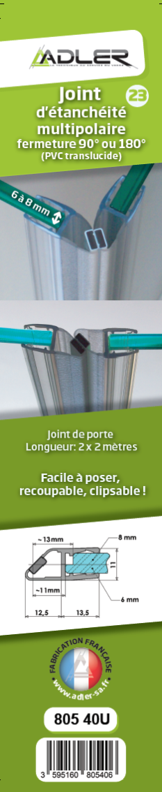 Joint d'étanchéité magnétique, 2x200cm fermeture 90° ou 180° verre Ep. 6-8  mm