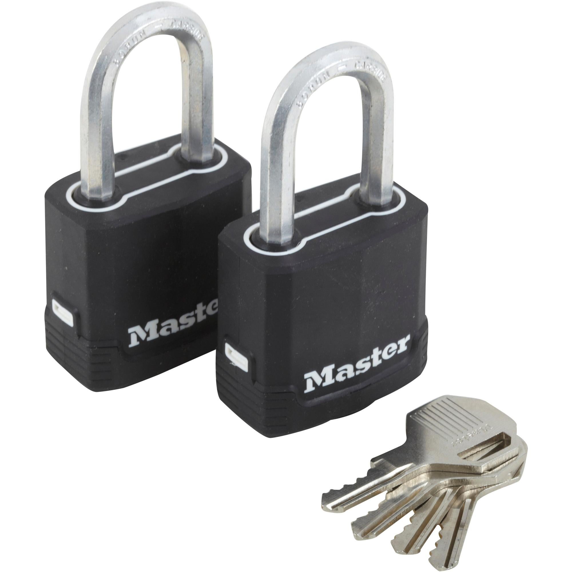Cadenas MasterLock en acier laminé noir, à clés identiques.