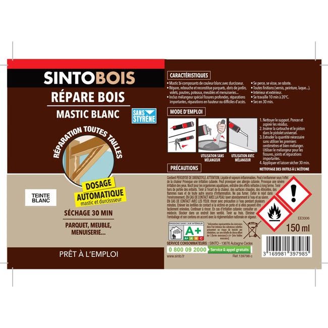 Sintobois mastic à bois avec durcisseur Sinto - Tube 66 ml / 80 g - Blanc