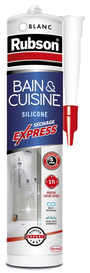 Rubson Mastic Bain & Cuisine Express , Joint silicone longue durée  résistant aux moisissures, Mastic sanitaire étanche facile d'utilisation  séchage en 1h, transparent, 280 ml : : Bricolage