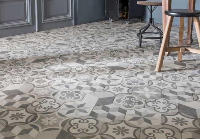 Carrelage sol mur effet ciment gris blanc Time hexagone l.18.2 x L.21 cm