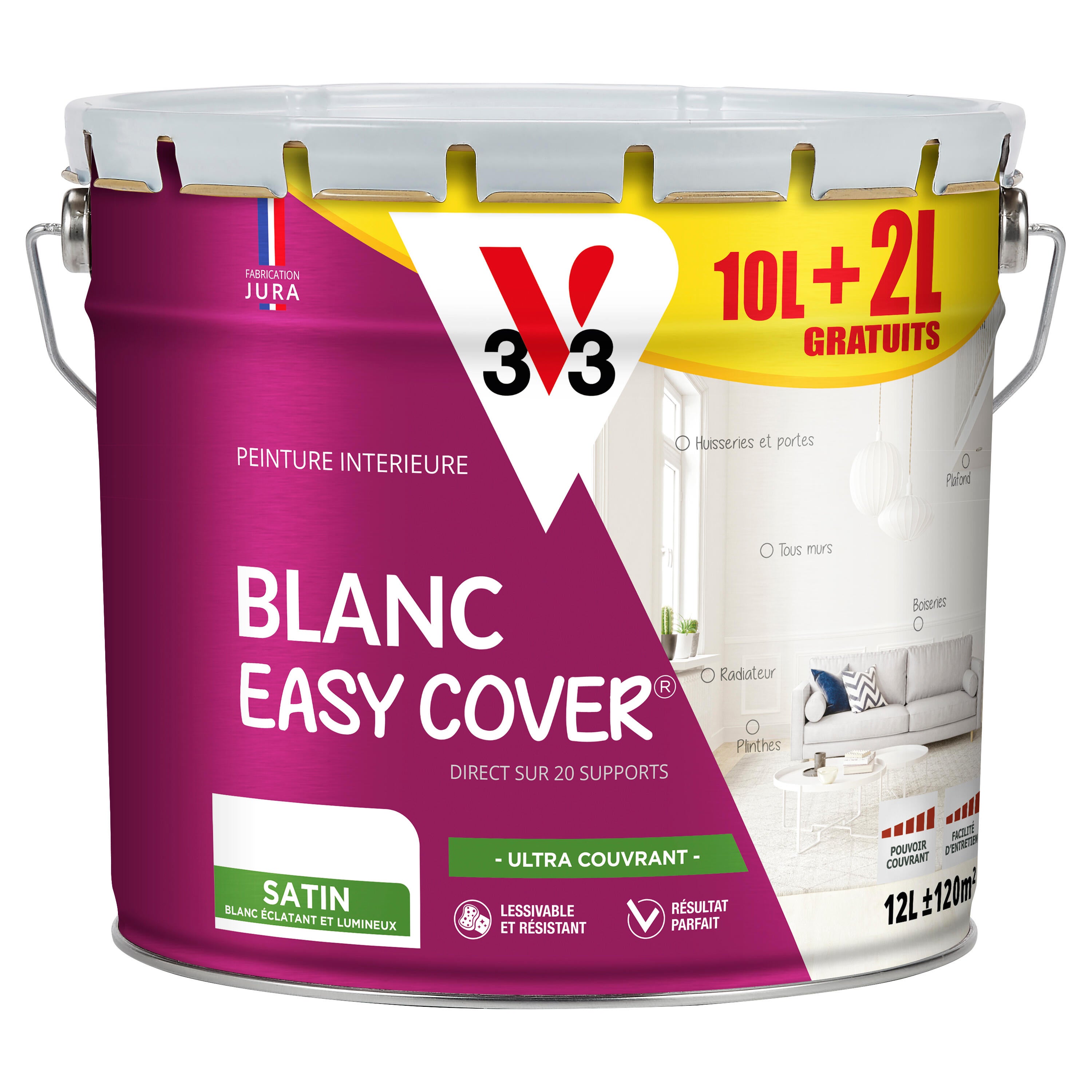 Peinture mur, plafond blanc satin V33 Easy cover® 10L+20% gratuit
