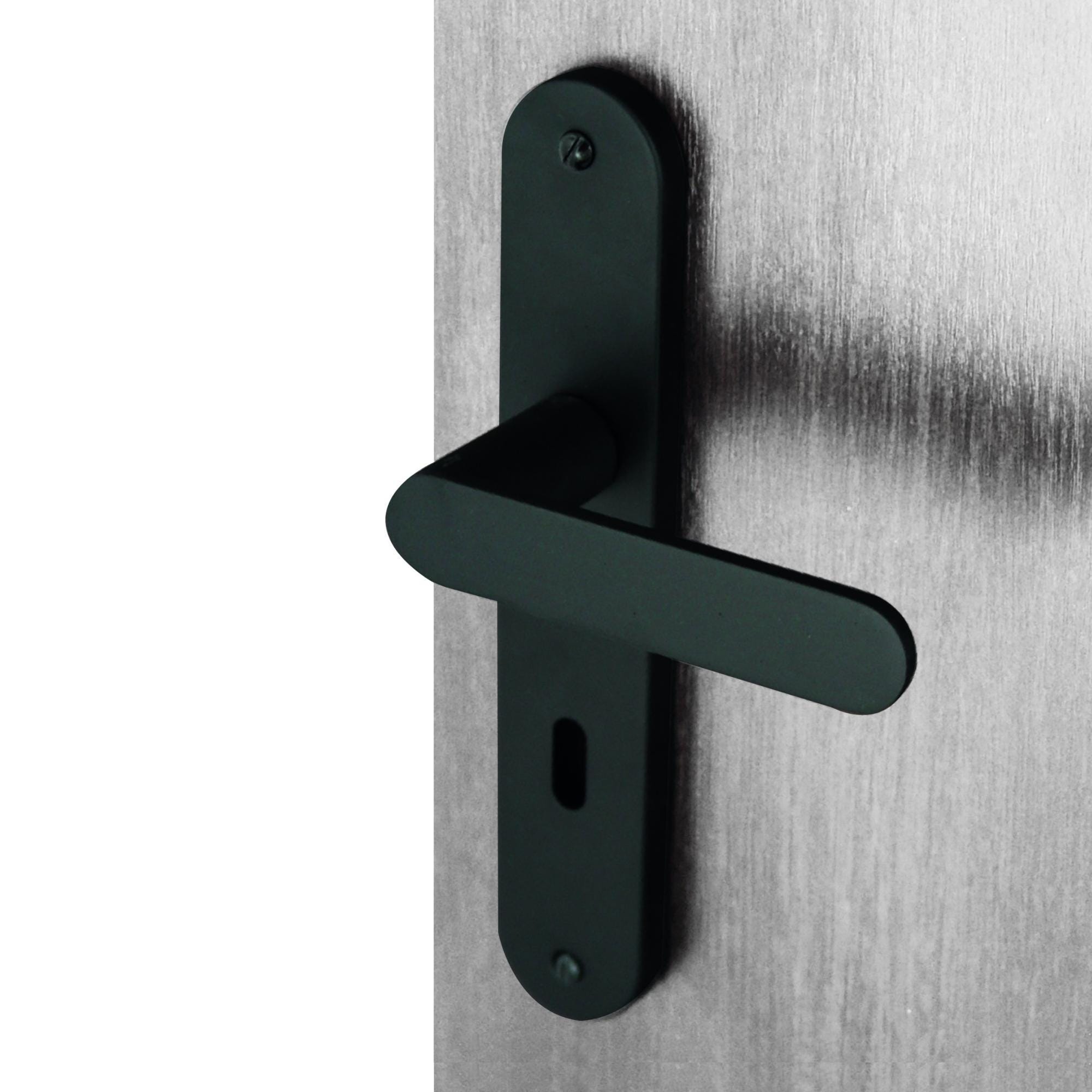 Poignée de porte intérieure pas cher en nylon noir sur plaque Clé L entraxe  195 mm, TUBULAIRE
