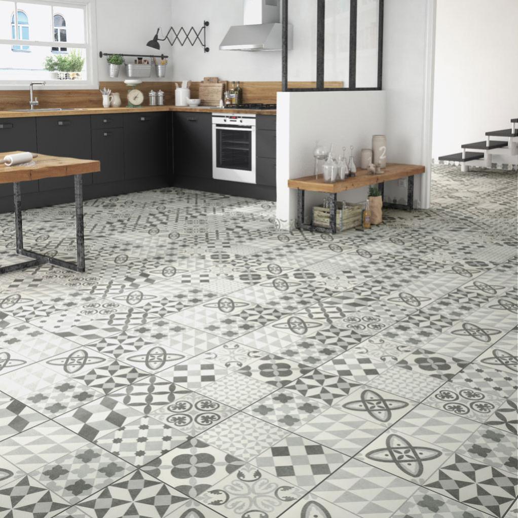 Carrelage mur sol effet carreau de ciment gris Ruban l.45 x L.45 cm