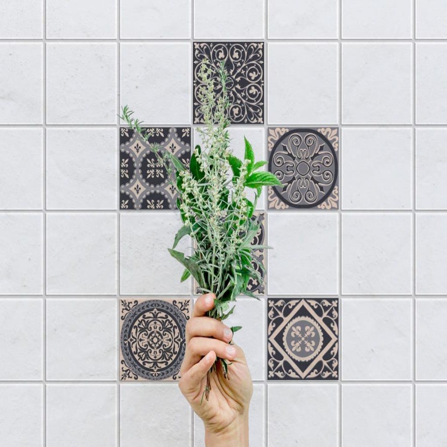 Sticker carrelage adhésif décoratif autocollant, carreaux naturel avec  fleurs et style art déco, x6, 15 cm X 15 cm