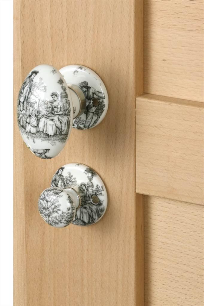 Poignée bouton et rosace de fonction Toile de jouy noir porcelaine condamnation - 1