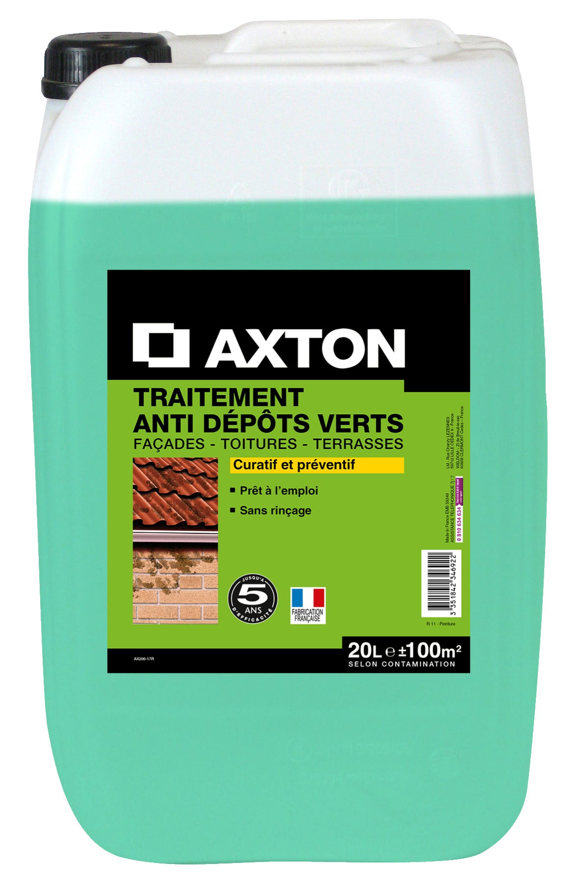 Traitement anti-dépots verts pour toitures, façades et terrasses AXTON, 20  L