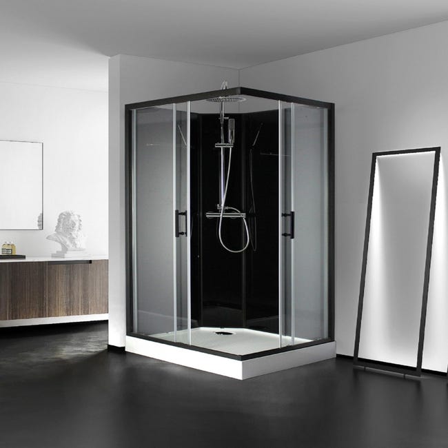 Cabine de douche carrée, 90x90cm, noire, verre transparent 5mm, LYS