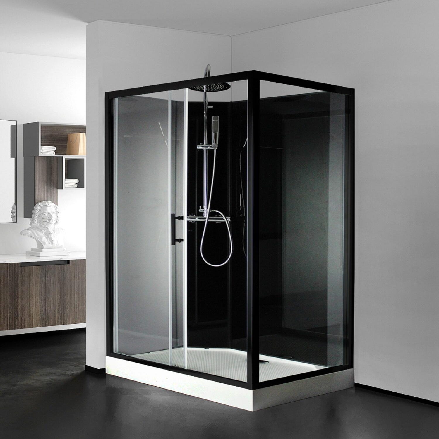 Cabine de douche rectangulaire, 110x80cm, noire, verre transparent