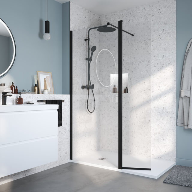 Porte de douche pivotante 42 avec panneau latéral 34 à design linéaire  noir mat