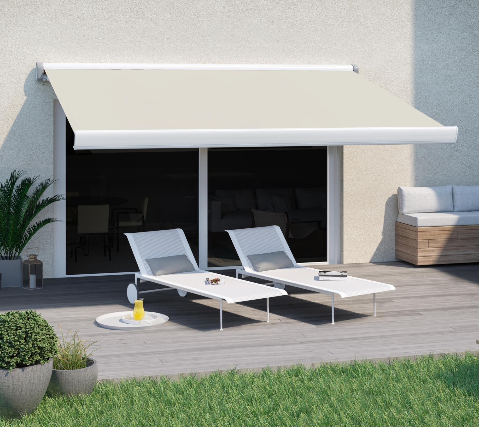 Store banne manuel 3.95 x 3 m, Nori S blanc, toile beige acrylique